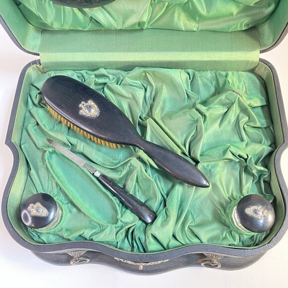 Antique Victorian Era Vanity Ebony and Silver Dresser In Leather Box - Picture 8 of 16
